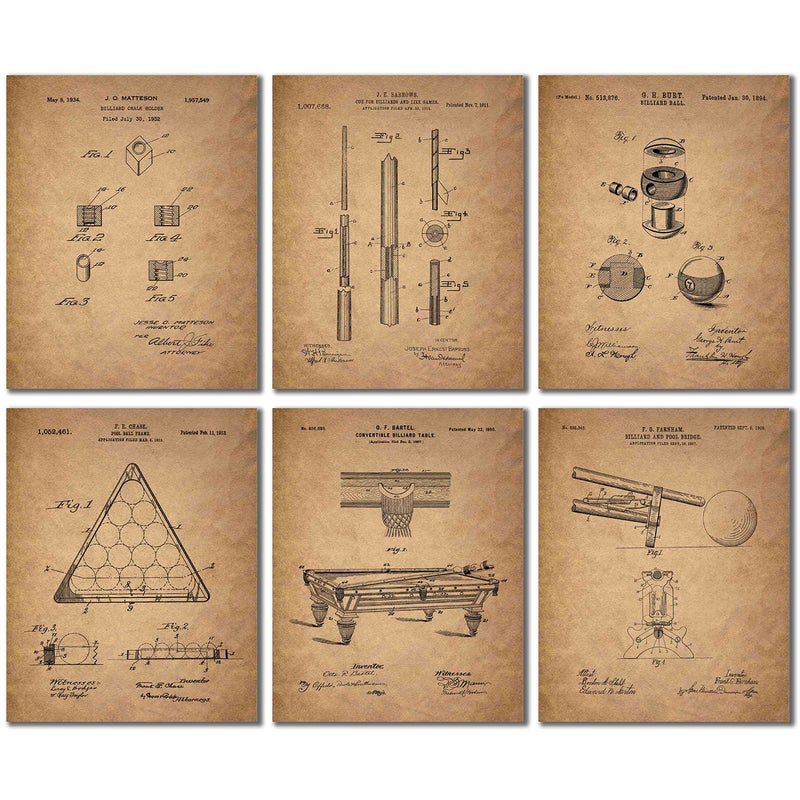 BigWig Prints Billiards Patent Wall Art - Vintage Pool Table and Cue Stick Blueprint Prints, Historical Billiards Artwork, Rustic Game Room Decor, Pool Hall Wall Art - Unframed Set of 6 (8x10) - Image 1